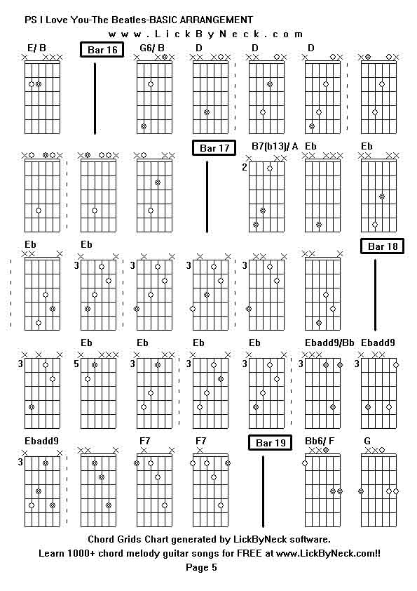 Chord Grids Chart of chord melody fingerstyle guitar song-PS I Love You-The Beatles-BASIC ARRANGEMENT,generated by LickByNeck software.